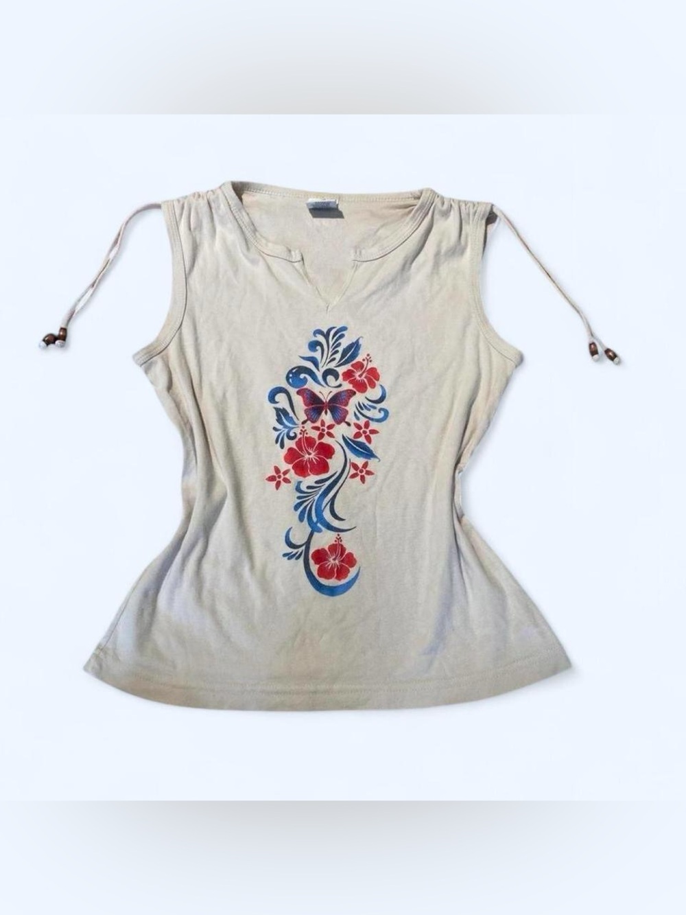 Roxy cream sleeveless top, cinched shoulder, with beaded strings.